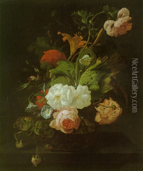 A Still Life Of Summer Flowers Including Roses, Lilies, And Others In A Vase, With A Butterfly And Other Insects, All On A Ledge Oil Painting - Rachel Ruysch