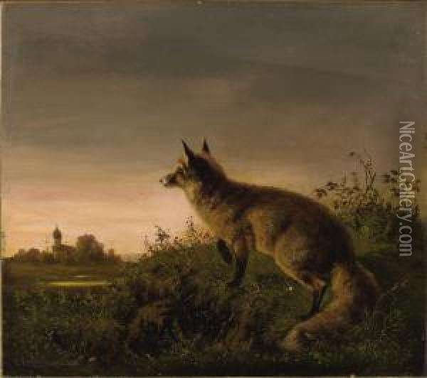 Fox In A Landscape Oil Painting - Carl Oswald Rostosky