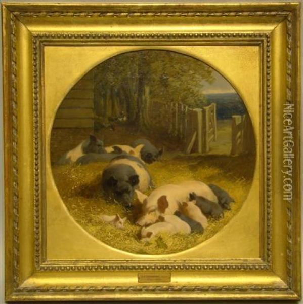 Happiness- Pigs With Their Litter In A Farmyard Oil Painting - John Frederick Herring Snr