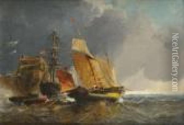 Bateaux Au Port Par Gros Temps Oil Painting - Jules Achille-Noel