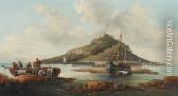 Coastal Scene With Islet And Fishing Folk Oil Painting - William A. Thornley Or Thornber