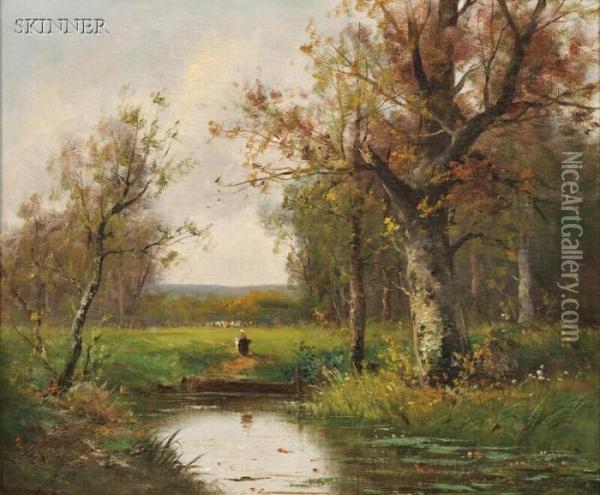 Meadow With Birches And Figures By A Pond Oil Painting - Adolf Kaufmann