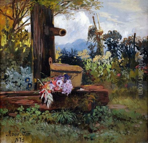 Sommerlicher Garten Mit Blumenbukett Und Holztrog An Einem Brunnen Oil Painting - Anna Peters