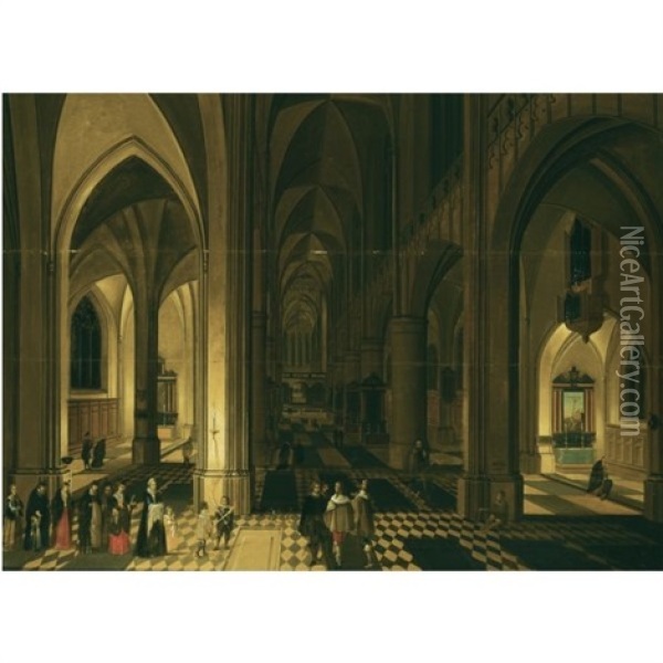 Church Interior Of The Antwerp Cathedral At Night, With Figures In A Procession To The Left Oil Painting - Peeter Neeffs the Elder