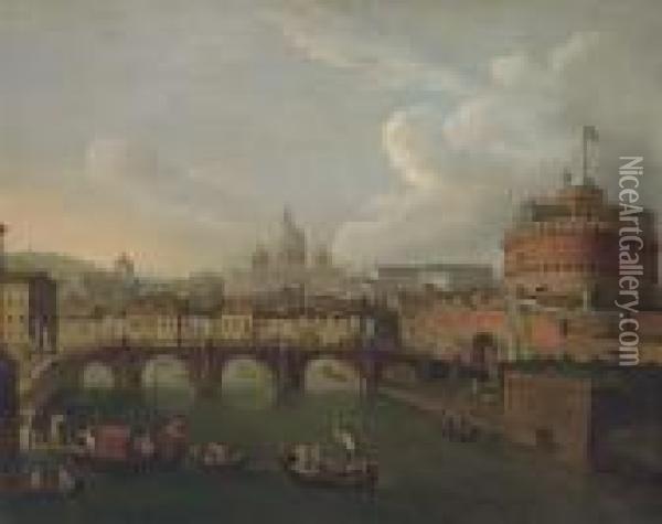 The Tiber, Rome, Looking Towards
 The Ponte Sant'angelo And Thecastel Sant'angelo, Saint Peter's Beyond Oil Painting - Antonio Joli