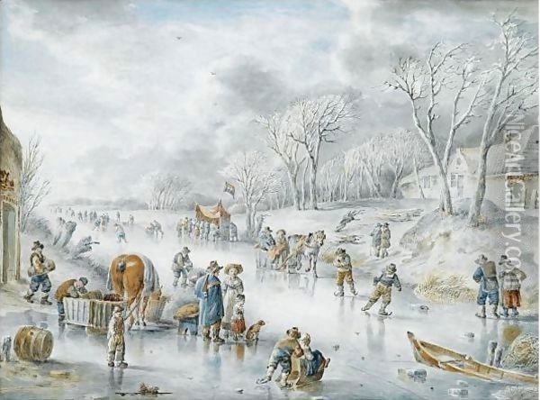 Many Figures On A Frozen Canal, A 'Koek En Zopie' In The Distance Oil Painting - Andries Vermeulen