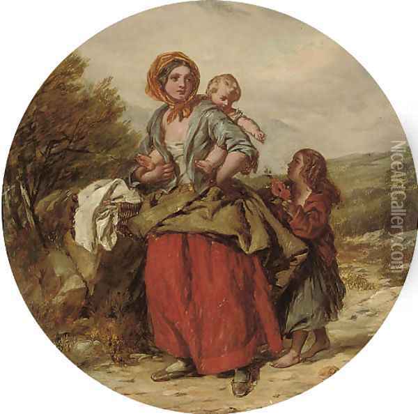 A mother and children on a country road; and Another similar Oil Painting - William Mulready