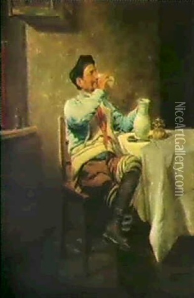 A Well Earned Rest- Interior Med Sittande Man Oil Painting - Edmund Frederic Arthur Krenn