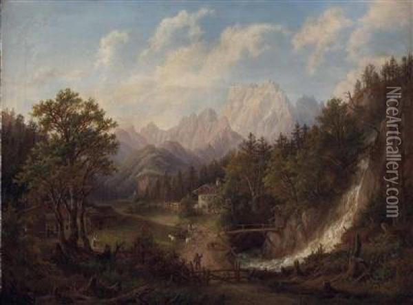 Alpenlandschaft Mit Bauerngehoft Und Figuraler Staffage Oil Painting - Anton Schiffer