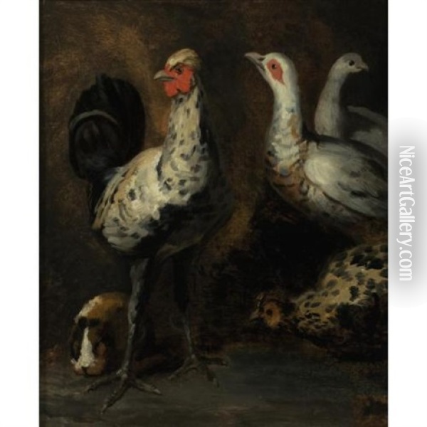 A Rooster, Three Chickens And A Guinea Pig Oil Painting - Theodore Gericault