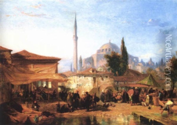 Vue De La Petite Mosquee De Sainte Sophie Devant Le Marche Cankurtaranpazari Oil Painting - Edward Angelo Goodall