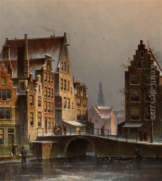 The Langebrugsteeg In Amsterdam On A Winter Day Oil Painting - Eduard Alexander Hilverdink