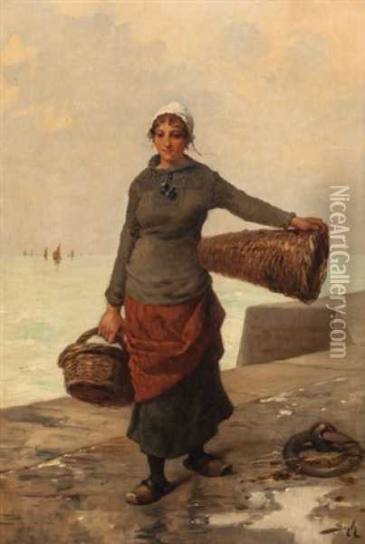 Woman Walking On Pier Oil Painting - Pierre-Marie Beyle