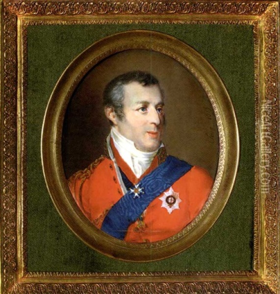 Arthur Wellesley, Duke Of Wellington In Red Coat With Gold-embroidered Collar, Gold Epaulette And Lacing, White Waistcoat And Frilled Cravat, Wearing The Jewel Of The Order Of The Golden Fleece Oil Painting - Simon Jacques Rochard