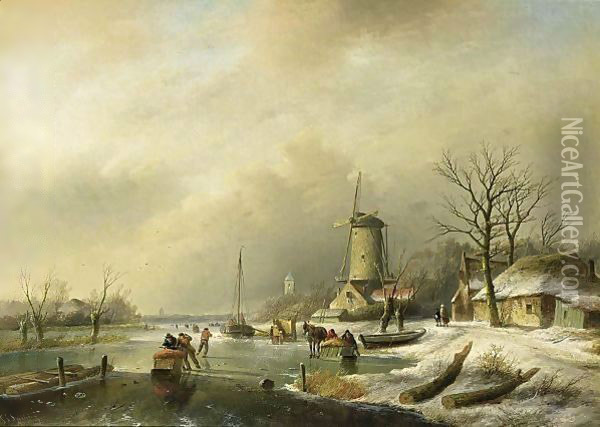 Figures With A Horse-Drawn Sledge On A Frozen River Oil Painting - Jan Jacob Coenraad Spohler
