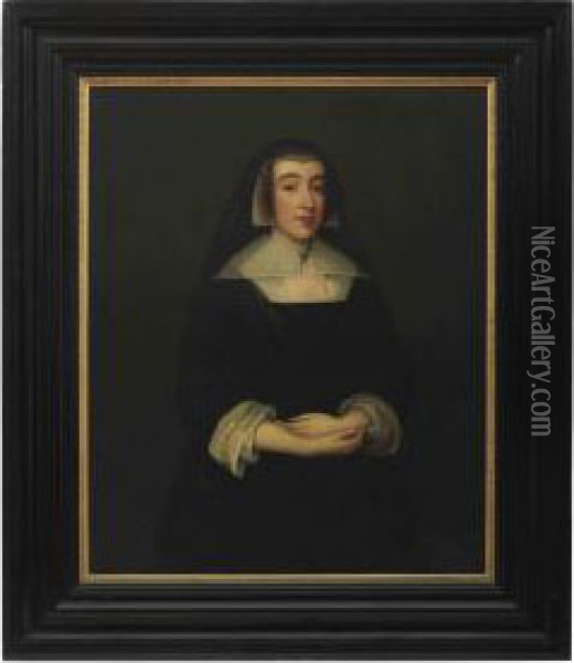 Circle Of Cornelius Johnson 
 Portrait Of A Lady, Three-quarter-length Standing, Wearing A Black Dress With A White Collar And A Black Veil Oil Painting - Cornelius Jonson