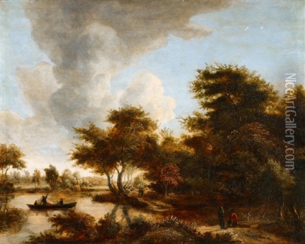 Flusslandschaft Mit Fahrboot Oil Painting - Meindert Hobbema