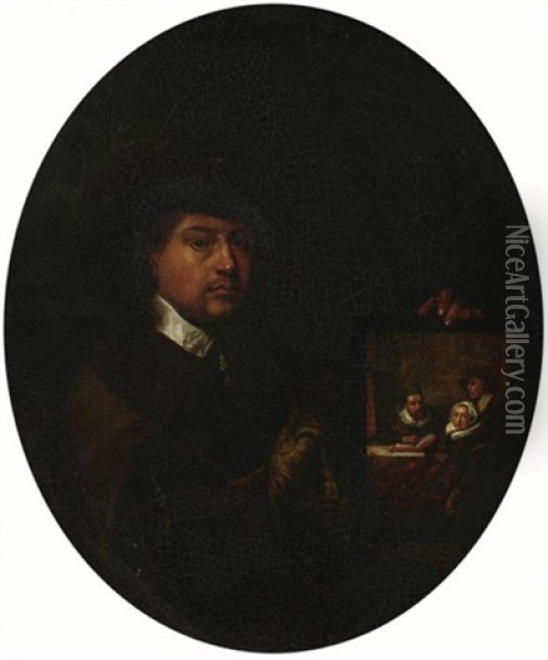 Portrait Eines Jungen Mannes Mit Familienbildnis Oil Painting - Frans van Mieris the Elder