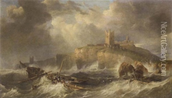 Coming To The Rescue Below Dunstanburgh Castle, Northumberland Oil Painting - John Wilson Carmichael