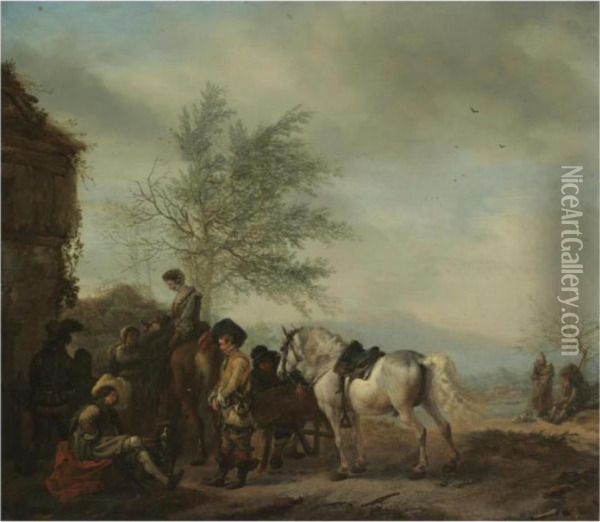 A Lakeside Halt With Travellers Resting Oil Painting - Pieter Wouwermans or Wouwerman