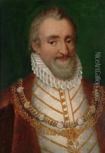Portrait Of Henri Iv Of France, 
Bust-length, In A Gold And White Doublet And A White Rough Oil Painting - Frans Pourbus the younger