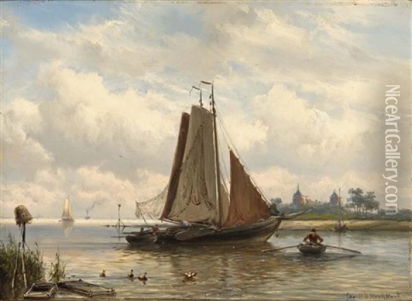 Fishing Boats At Anchor, The Muiderslot In The Distance Oil Painting - Johannes Hermanus Barend Koekkoek