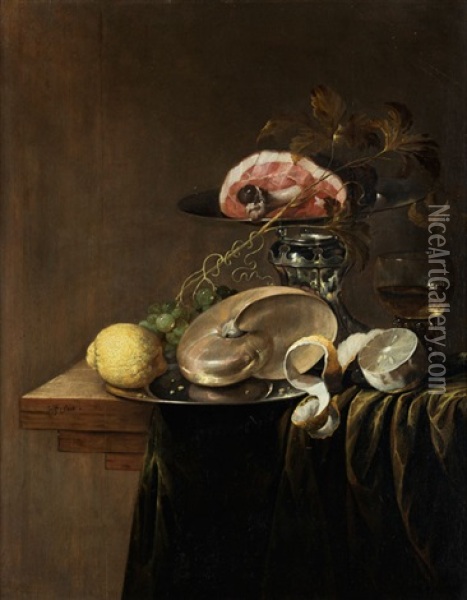 Grosses Prunkstillleben Mit Nautilusmuschel, Zitronen Und Schinkenstuck In Einer Tazza Oil Painting - Jasper Geerards