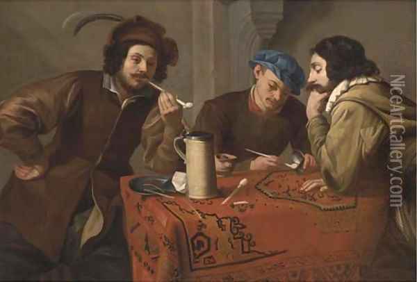 Three men smoking and drinking at a table in an interior Oil Painting - (circle of) Rombouts, Theodor