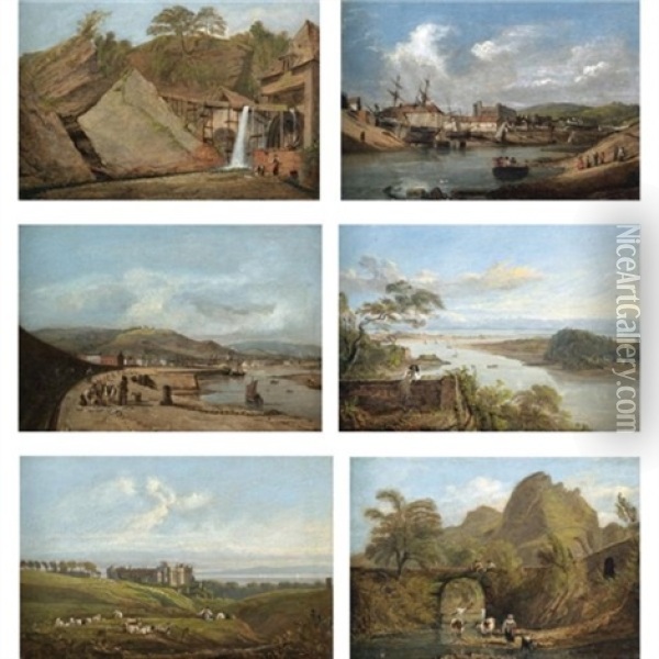 Aberdyllis Mill, Yale Of Neath (+ 5 Others; Set Of 6) Oil Painting - George Orleans Delamotte