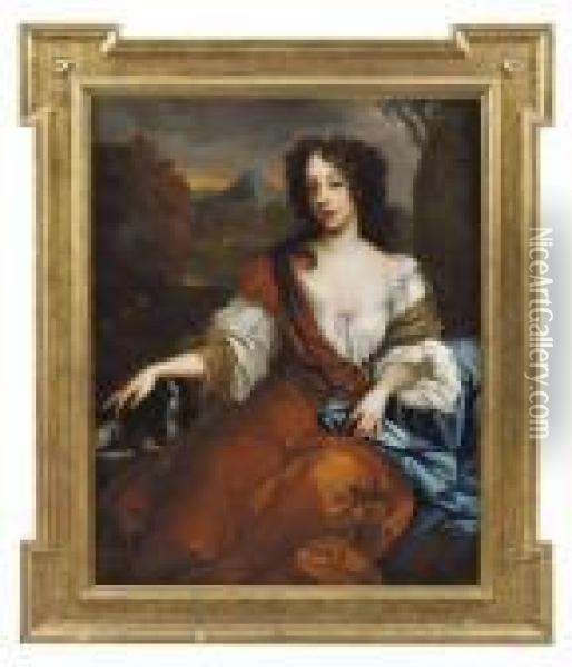Portrait Of Mary Of Modena, 
Queen Of King James Ii,three-quarter-length, Seated, In An Ochre Dress 
And Blue Wrap, Witha Dog Beside Her, Her Right Hand Resting On A Spaniel Oil Painting - Sir Peter Lely