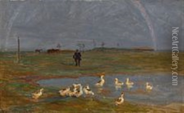 Landscape With Geese, Horses, An Elderly Man With A Cane And A Rainbow Oil Painting - Viggo Johansen