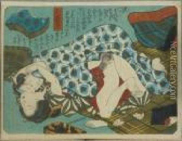 Kunisada, Utagawa Zugeschrieben. Liebespaar Im Teehaus, Japan, Um 1840 Oil Painting - Kunisada