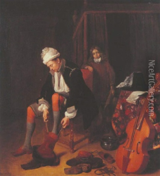 Un Gentilhomme Enfilant Ses Bottes Dans Un Interieur Bourgeois Hollandais Oil Painting - Quiringh Gerritsz van Brekelenkam