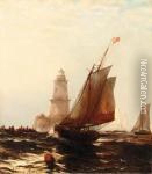 Fishing Boats By Robbins Reef Lighthouse Oil Painting - Edward Moran
