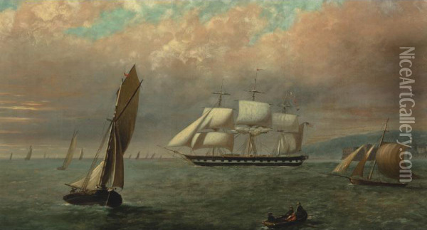 American Ship Outside Harbor Oil Painting - John O'Brien Inman