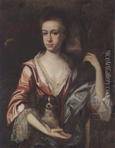 A Portrait Of A Young Lady Wearing A Pink Satin Dress With A White Lace Chemise And A Blue Shawl, Holding A Dog On Her Arm, In A Park Setting Oil Painting - Michael Dahl