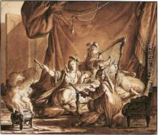 Three Oriental Ladies In An Interior, One Playing A Harp, Another Embroidering Oil Painting - Jean-Michel Moreau
