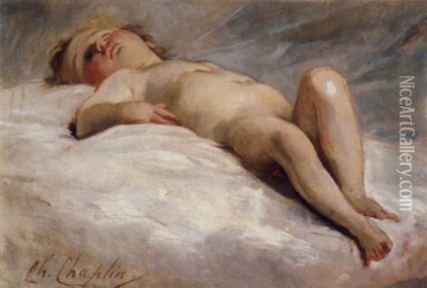 A Sleeping Child Oil Painting - Charles Joshua Chaplin