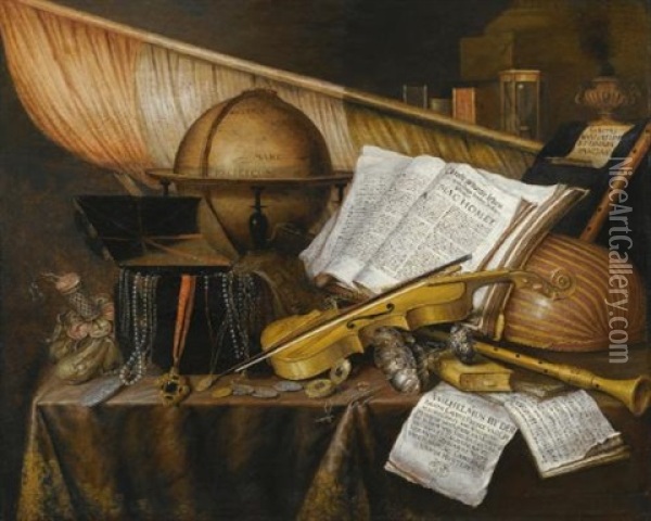 A Vanitas Still Life With Books And Leaflets, A Globe, A Princely Flag, A Musical Score, Musical Instruments, And An Hourglass On A Draped Table With A Silver Tazza, Coins, A Watch, And A Purse Oil Painting - Edward Collier
