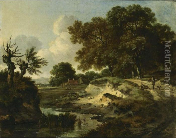A Wooded Landscape With Travellers And A Dog On A Path Near A Stream, A Farm Beyond Oil Painting - Jan Wijnants