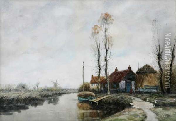 Dutch Cottage In River Landscape Oil Painting - George Linton Herdle