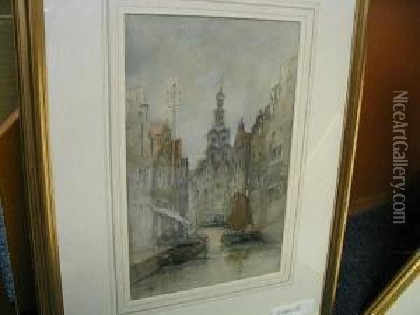 A Continental Canal Scene Oil Painting - J. Little
