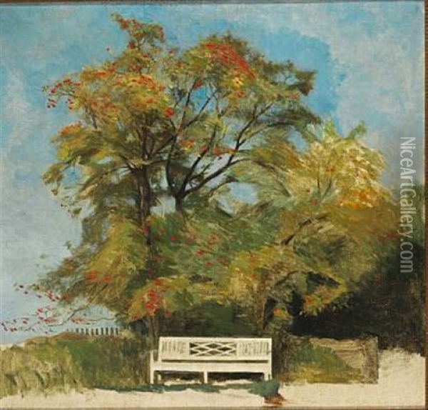 The White Bench Under A Blooming Tree In The Garden Oil Painting - Peter Vilhelm Ilsted