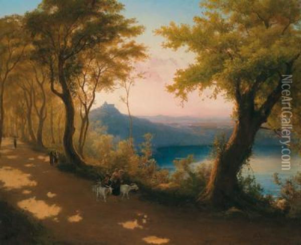 View Of Lake Albano And Castel Gandolfo Oil Painting - Andreas Marko
