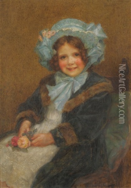 Joyce, Daughter Of Arthur E J Hinchcliffe Esq, Seated, Three-quarter Length Wearing Period Costume Holding Roses Oil Painting - George Sheridan Knowles