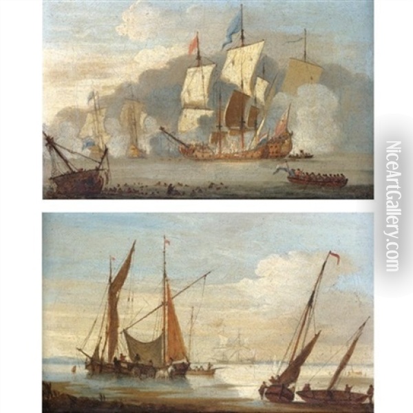 The Battle Of Solebay, 28th May 1672 (+ Shipping At Low Tide; Pair) Oil Painting - Peter Monamy