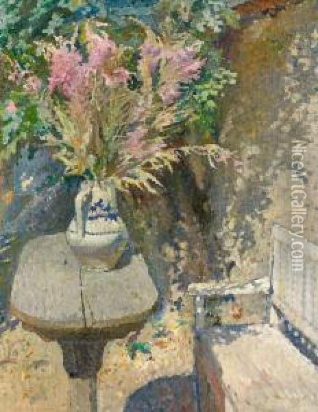 Blumenstrauss Auf Einem Tisch Im Garten. Oil Painting - Colin Campbell Cooper