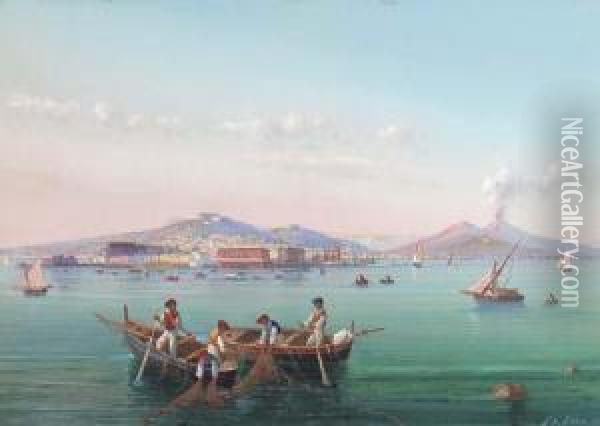 Fishermen Hauling In Their Nets In The Bay Of Naples Oil Painting - Gioacchino La Pira