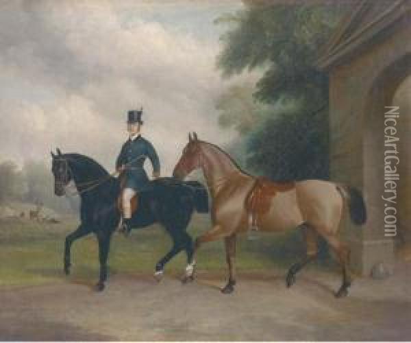 A Groom Leading Two Cobs Out Of A Stable Oil Painting - John Paul