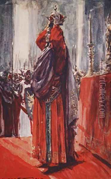 He reached the altar where the crown lay lifting it he placed it upon his head illustration from A History of Germany Oil Painting - A.C. Michael